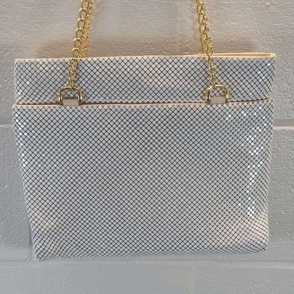 Vintage 60's/70's White Metal Tiled Shoulder Bag Gold Tone Chain Strap Zip